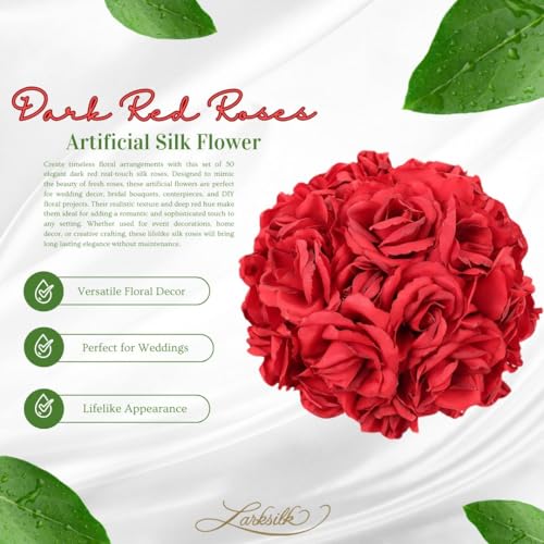 Larksilk Dark Red Artificial Roses 50pcs, Real Touch Fabric Fake Flowers with Stems for Wedding Flowers and Table Centerpieces - color: Dark Red