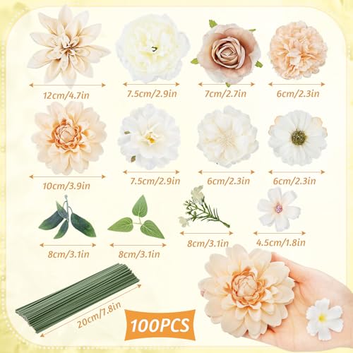 Janinka 100 Pcs Champagne Assorted Fake Flower Heads with Long Stem Mini Artificial Flower Bulk Mix Silk Faux Daisy for Crafts Fake Peony Rose for DIY Wedding Party Wreath Home Decoration - color: Champagne