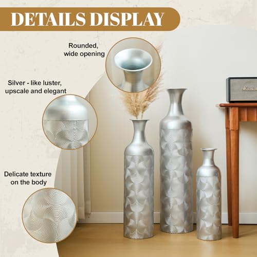 Tall Floor Vases Set of 3 for Decor Living Room Floor, Silver Vases Home Decor, Embossed Body Pattern, 32.68" H/25.98" H/19.69" H Geometric Cylinder (Silver 1) - color: Silver 1