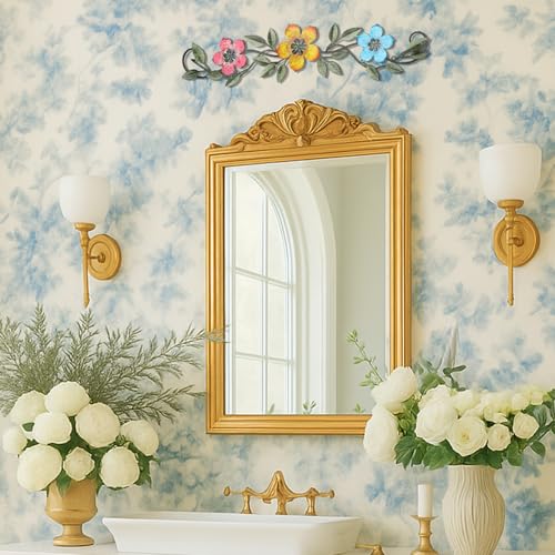 Wesiti Metal Flower Wall Decor Vintage Metal Flower Wrought Iron Scroll Sculpture 15.7''x3.7'' Not 3D, Flat Farmhouse Leaf Wall Decor with Nails for Summer Bedroom Kitchen Indoor Outdoor(Bright Color) - color: Bright Color