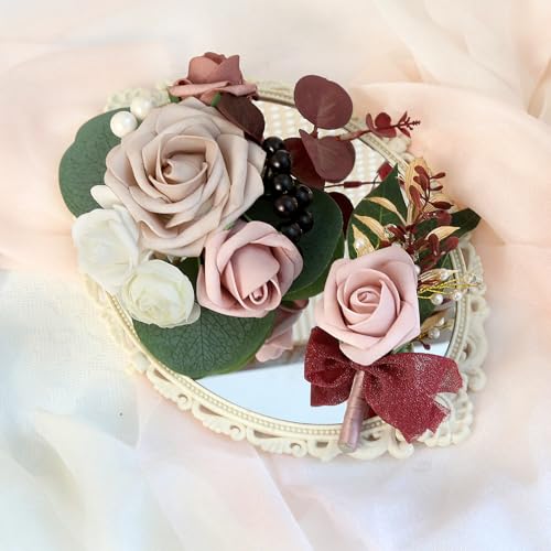 2Pcs Wedding Corsage and Boutonniere Set Dusty Pink Rose Corsage Wristlet and Boutonniere for Men Women Groom Bride Bridesmaid Groomsmen Wedding Party Accessory Prom Decoration (Dusty Pink) - color: Dusty Pink