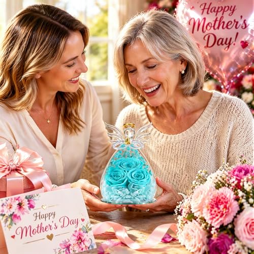 Beferr Gifts for Mom Birthday Gifts for Women, Fresh Flowers for Delivery Forever Preserved Rose in Glass Angel Figurine, Anniversary Christian Real Rose for Grandma Wife Mother from Daughter Son - color: J Tblue