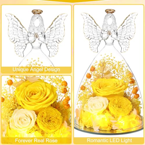 Mothers Day Rose Gifts for Women Preserved Real Flower in Glass Angel Figurines Roses for Delivery Prime Birthday Gifts for Mom Grandma Girlfriend Wife Her,Yellow Austin Roses - color: Yellow With Austin Roses