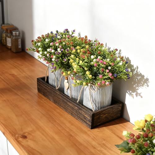 Artificial Milan Flower Bouquet Table Centerpiece, 3-Metal-Pot Table Decor on Wooden Tray, Realistic Baby’s Breath Flowers Arrangement for Home, Wedding, Party, Office & Living Room Décor - color: Milan Flowers