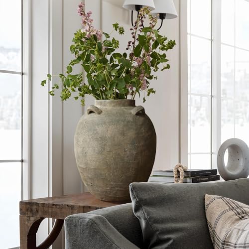 LuxenHome Rustic Ceramic Flower Vase,15 Inch Tall Brown Terracotta Cauldron Vase for Living Room Decor，Large Floor Vase Home Décor Accents,Round Vintage Pottery Vases Home Decor - size: Large