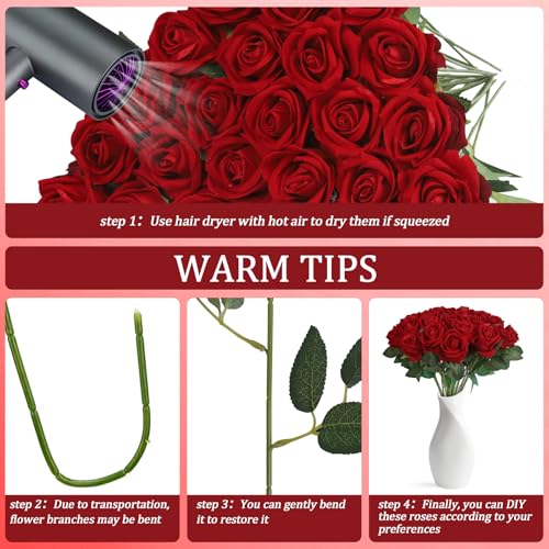 30pcs Fake Roses Artificial Silk Flowers Long Stems Bouquet for Wedding Bridal Shower Party Home Decoration (Burgundy) - color: Burgundy