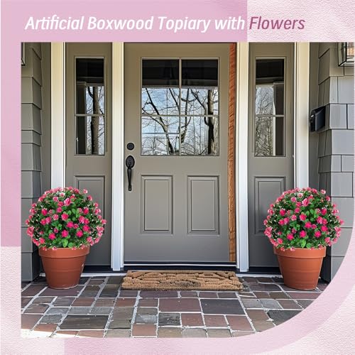 Yunlly Set of 6 Artificial Boxwood Topiary Ball Tree 16 Inch Outdoor Topiary Tree with Flower Fake Bushes, UV Resistance Faux Shrubs Evergreen Plant with Spike for Front Porch Indoor Decor (Pink) - color: Pink