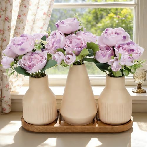 Flower Table Centerpiece - Dining Table Centerpiece Decor Set of 3 Fake Peonies in Ceramic Vases & Wood Tray Modern for Kitchen Island Living Room Coffee Table Home Decor (Light Purple) - color: Light Purple