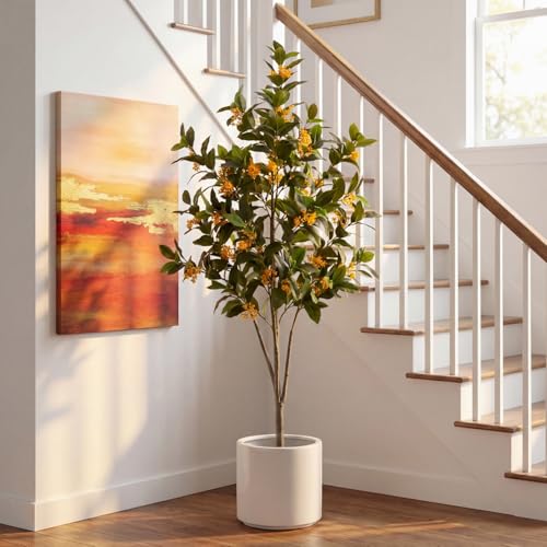 Daifunli 5ft Artificial Flower Tree Indoor Faux Osmanthus Tree Realistic Osmanthus Plants in Pot with Orange Flowers Lifelike Fake Floor Plant for Indoor Outdoor Home Living Room Office Wedding - style: Osmanthus Tree