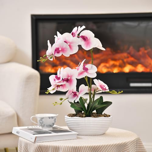 19" H Phalaenopsis Faux Orchid Plant Silk Orchid Centerpiece Artificial Floral Arrangement in Ceramic Pot (White and Pink) - color: White and Pink