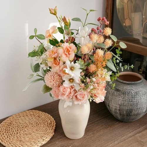17-inch Artificial Fake Faux Flowers Silk Flower Arrangements Bouquets with Red Berries, Cosmos, Snow Cherry, Chinese Rose, Dandelions, Baby's Breaths, Eucalyptus, Peony, Roses - color: Peach Reverie