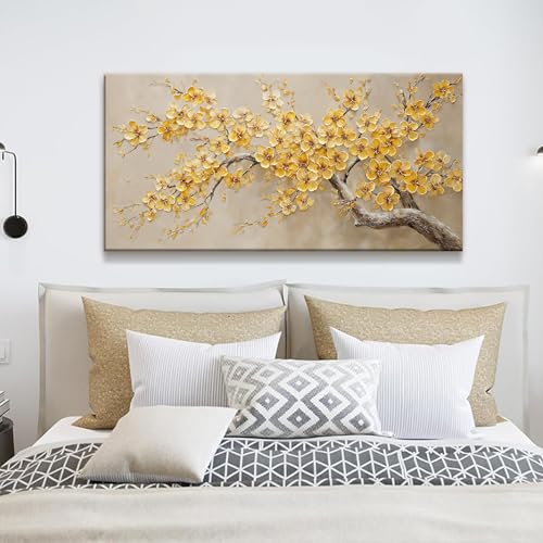 Modern Tree Of Life Wall Art Golden Yellow Flowers Wall Art Decor Canvas Prints Wall Pictures For Living Room Kitchen Bedroom Bathroom Office Apartment Decor 20x40 Inch - color: Yellow, size: 40"L x 20"W