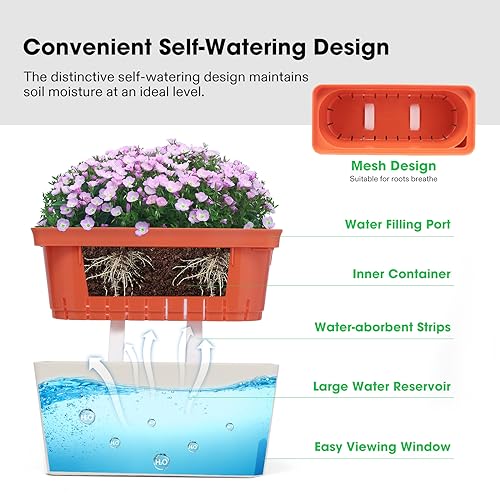 VIVOSUN Self-Watering Planters, 6-Pack 10.5 Inch Compact Rectangular Window Herb Planter Box with 10 PCS Plant Labels, Plant Container for Basil, Flowers, Succulents, Indoor & Outdoor - size: 6