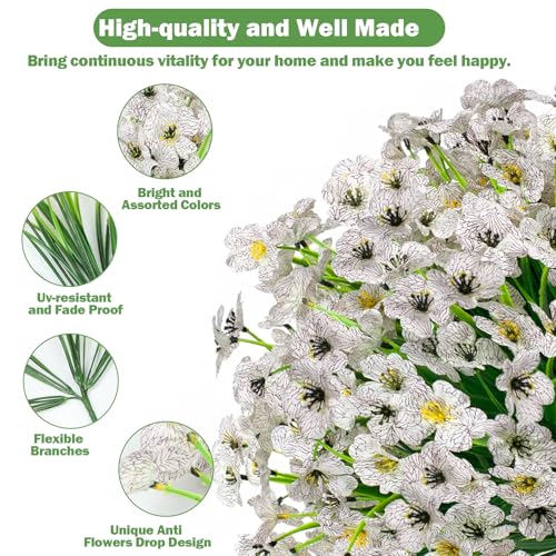 Nepfaivy Artificial Flowers for Outdoors White - 24 Bundles UV-Resistant Fake Flowers No Fade for Outside, Realistic Plastic Plants and Faux Silk Flowers for Planters, Front Porch, Garden Decoration - color: White