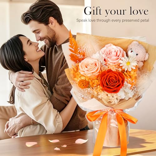 Preserved Flowers Bouquet with Bear, 3 Real Forever Flowers for Delivery, Long-Lasting Orange Eteranl Roses Bouquet, Anniversary Birthday Gifts for Women Mom Her Girlfriend Wife - color: Orange