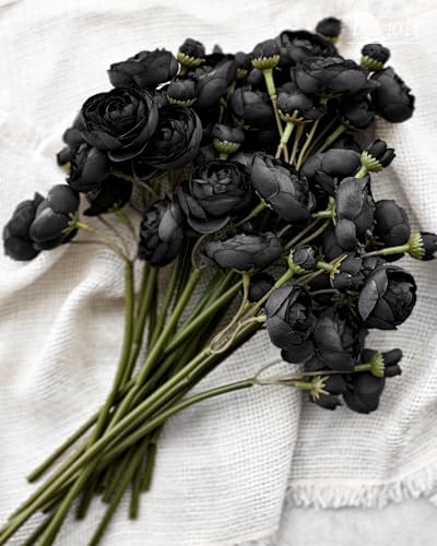 Letjolt Ranunculus Artificial Flower 18 Pcs Black Silk Ranunculus Wedding Bouquet Engagement Centerpieces Arrangements Bridal Shower Decorations Home Decor, Black - color: Black