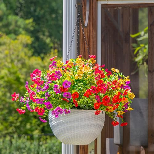 HyeFlora Artificial Faux Hanging Plants Flowers Basket for Outdoor Outside Spring Summer Decoration, Fake Silk UV Sun Resistant Realistic Colorful Daisy for Porch Patio Balcony Home - color: Mixed Color