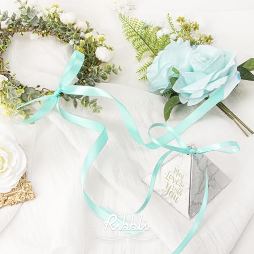 Ribbli Aqua Blue Double Faced Satin Ribbon,1/4” x Continuous 25 Yards,Use for Bows Bouquet,Gift Wrapping,Wedding Cards Decorating - color: Blue Aqua, size: 1/4 inch