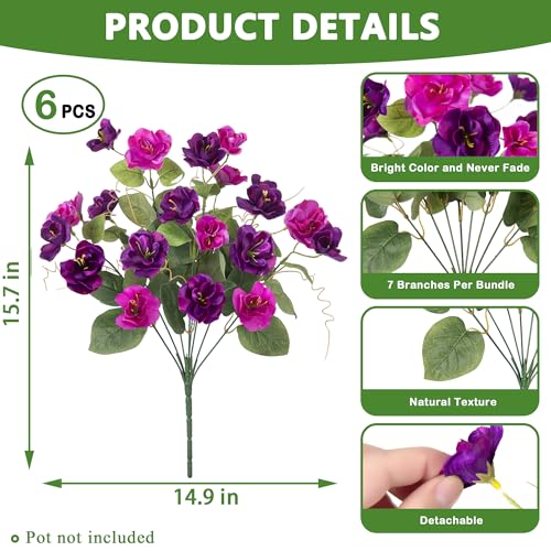 Artificial Flowers for Outdoors, 6 Bundles Silk Fake Hibiscus Flowers for Spring Summer Decoration, UV Resistant Fake Plants Plastic Bouquet for Home Planter Porch Patio Yard Decor(Light Purple Red) - color: A-light Purple Red