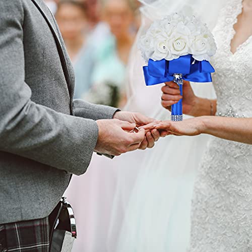 Wedding Bouquet, Handmade Blue Bridesmaid Bouquet Bridal Bouquet with Crystals Soft Ribbons, Artificial Rose Flowers for Wedding, Party and Church (Royal Blue) - color: Royal Blue