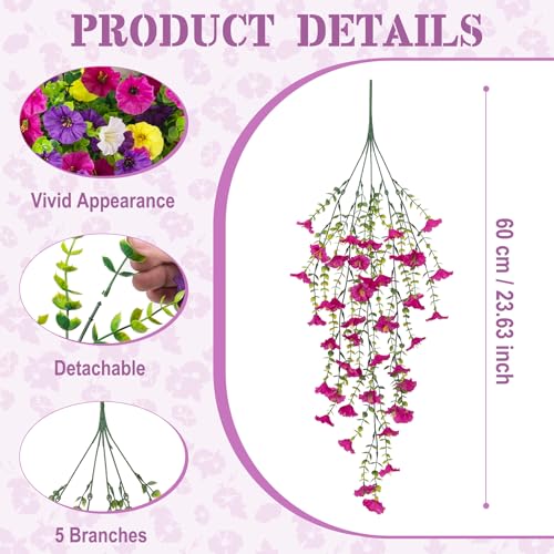 Artificial Hanging Petunias Flowers for Outdoor, 8pcs Fake Plants Long Vine Morning Glory Eucalyptus, UV Resistant Realistic Faux Greenery Outside Patio Porch Garden Spring Summer Decor, Mix Color - color: Purple Yellow White