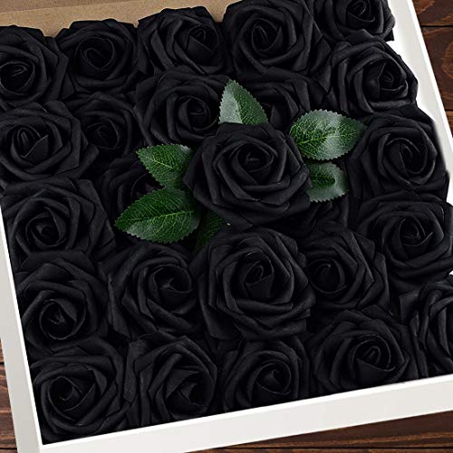 Higfra Artificial Flowers 25pcs Real Looking Black Foam Fake Roses with Stems for DIY Wedding Bouquets White Bridal Shower Centerpieces Arrangements Mothers Day Party Tables Decorations - color: Black, size: 25Pcs