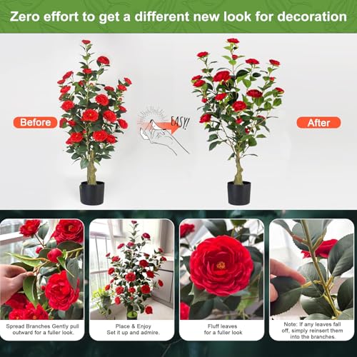 Artificial Camellia Tree 2 Pack, 3FT Faux Camellia Plant in Pot, 36 inch Fake Potted Camellia Flower Tree Plastic Camellia Tree for Modern Home Office Christmas Living Room Floor Decor Indoor, Red - style: C-Camellias (36 inch-Red)