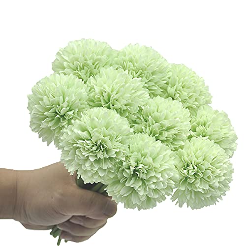 10Pcs Artificial Fake Flower Plants Silk Chrysanthemum Ball Hydrangea Arrangements Wedding Bouquets Decor Home Kitchen Garden Party Table Floral Centerpieces DIY (Mint Green) - color: Green