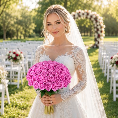 50 PCS Hot Pink Roses Artificial Flowers, Real Looking Fake Roses with Long Stems Silk Flowers for DIY Wedding Bouquet Party Celebration Home Bridal Baby Shower Decoration Birthday Gift for Her Wife - color: Hot-pink