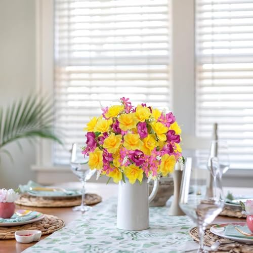 Zytherm 4 Bundles Artificial Flowers for Cemetery Daffodils Bouquets Yellow Silk Floral Arrangements Fake Tulip Mothers Day Flowers for Grave Home Table Centerpieces Vase Wedding Party Outdoor Decor