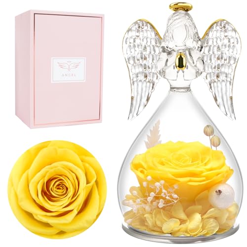 Miofula Gifts for Mom Birthday Gifts for Women, Preserved Flowers Rose in Glass Angel Figurines, Fresh Flowers for Delivery Anniversary Forever Real Roses Gifts for Mothers Grandma Her Wife Girlfriend - color: Yellow
