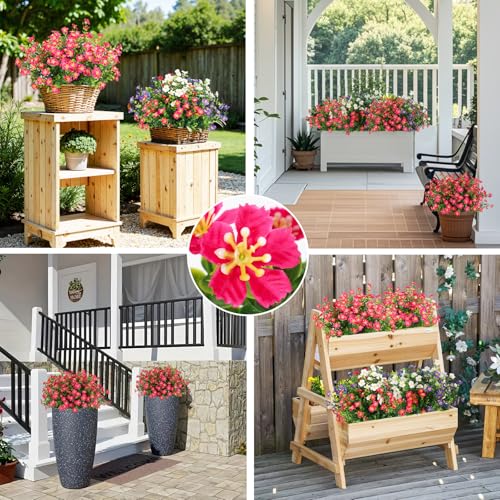 SJL Fake Outdoor Flower, 12Pcs UV Resistant Silk Flowers for Outside with Eucalyptus Stems, Long Lasting Realistic Fake Flower Bunch for Porch Patio Wedding Home Party Decor(Rose Red) - color: Bundle Rose Red-flower