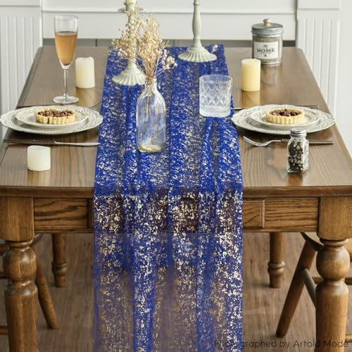 Artoid Mode Blue Gold Gauze Table Runner 120 Inch 10FT, Glitter Metallic Foil Sheer Dining Wedding Anniversary Holiday Table Decor for Home Party - color: Blue, size: 28" x 120"