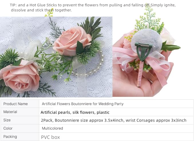 Rikyo Artificial Pink Rose Wrist Corsage Band Bracelet and Boutonniere Set, 2 Pack, Prom Flower Wrist Corsage Wristlet Band Bracelet for Wedding, Handmade Petals Hair Hat Wreath - color: Pink