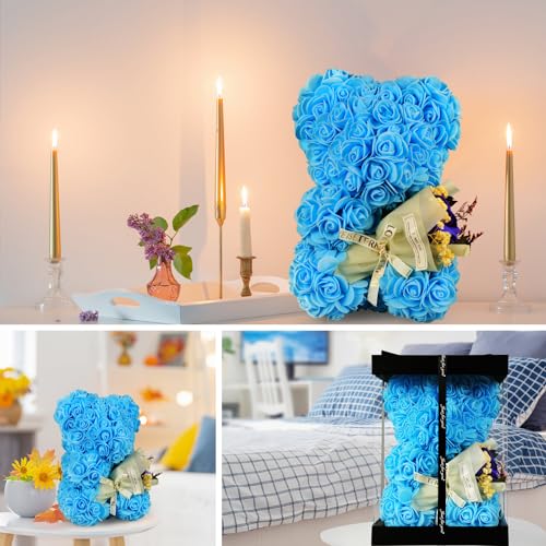 Mother's Day Rose Bear Gifts for Mom, Rose Flower Bear Romantic Birthday Gifts for Girlfriend Wife,Rose Teddy Bear Women Gifts, Valentines Bear with Rose Bouquet - color: Blue Rose