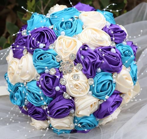 Ujicde Romantic Wedding Bouquet Bridal Bridesmaid Round Bling Brooch Bouquet Throw Toss Artificial Rose Flower Bunch with Sparkle Rhinestone Crystal Decoration(Blue Purple+Cream,Dia. 6.3"*16cm) - color: Blue Purple+cream, size: Dia. 6.3"*16cm