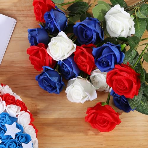 72 Pcs 4th of July Artificial Roses, Red, White, Blue Patriotic Silk Roses for Independence Day, Home Cemetery Decor, Realistic Faux Flowers with Stems(20 inch Bouquet, Indoor/Outdoor Use) - color: Blue,red,white