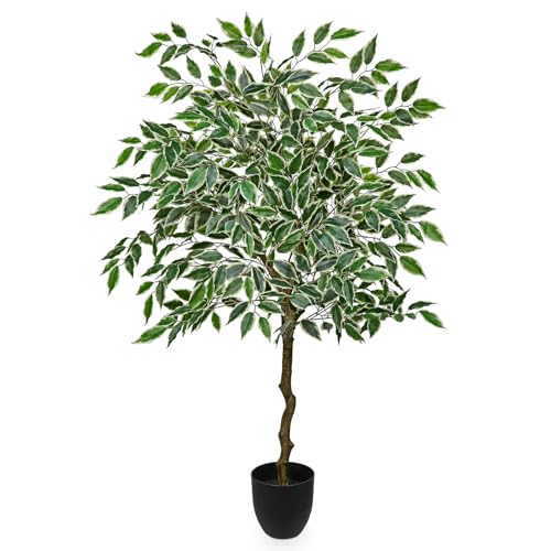 4Ft Ficus Tree Artificial Plants Indoor with Realistic Trunk, Tall Fake Potted Tree Faux Floor Plant, Artificial Tree in Pot for Home Living Room Office Bedroom Corner Decor(Green White) - color: Green White, size: 4Ft