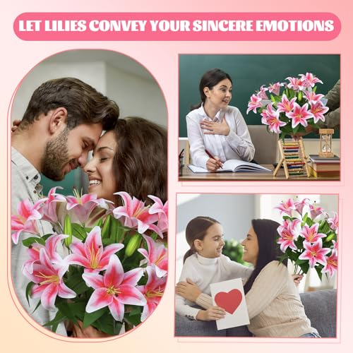 BloomLife Artificial Lily Flowers, 6 Stems with 12 Flowers & 6 Buds Total, Realistic Fake Flowers for Home Decor, White or Pink, 23.6" Tall, Wrinkle-Free & Bendable Stems for Vase Arrangements (Pink)