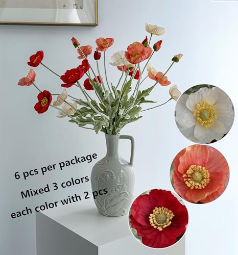 Set of 6 Red Coral Pink and Champagne Mixed Poppy Flowers Artificial, Silk Flowers with Stems for Vase for Wedding Party Home Office Indoor Kitchen Dining Table Centerpiece Decoration - color: Red Coral Champagne