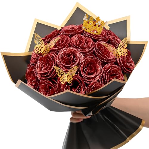 Waipfaru Red Glitter Roses Bouquet, DIY Flowers Bouquet, Birthday Gifts for Women Mom Grandma Wife Girlfriend, 24 Pcs Fake Rose for Valentines, Mothers Day, Anniversary, Graduation Gifts - color: Red, size: 24pcs