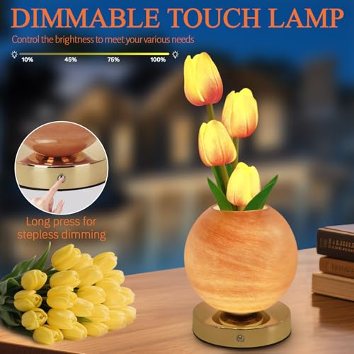 Tulip Table Lamp, Rechargeable Cordless Touch Dimming Artificial Tulip Flower Desk Lamp, LED Flower Bedside Night Light Romantic Gifts for Girl Women Mom (Orange) - color: Orange