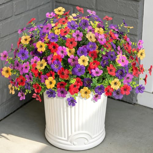 Ammyoo Artificial Flowers for Outdoors Potted Spring Decor, 12 Bundles Fake Summer Daisy with Realistic Eucalyptus Leaves, Faux Plants for Greenery Boxwood Porch Patio Garden Pot Lawn - color: 4 Colors(purple Deep Purple Red Yellow)