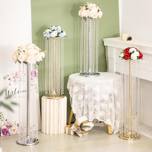 Set of 2 Luxurious Crystal Flower Stand Wedding Centerpieces on Floor Tall Metal Flower Arrangement Stand Tabletop Flower Vase for Wedding Party Hotel Home Decor… - color: Gold, size: 35.4"×2pcs
