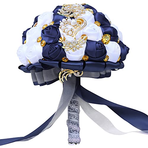 Handmade Wedding Bouquets for Bride Bridesmaid Brooch Artificial Holding Flower Tossing Bouquet（White/Navy,21cm,1PC - color: White/Navy, size: 21CM/8.3''