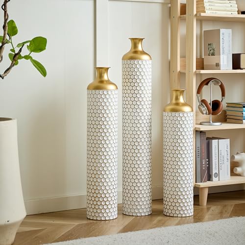 Floor Vases, Tall Home Decor Metal Vase Set of 3 Large Glazed Decorative Vases for Wedding Decor, Elegant Modern Flower Holder for Living Room, Entryway, Hallway - color: Leaf Scatter White Gold