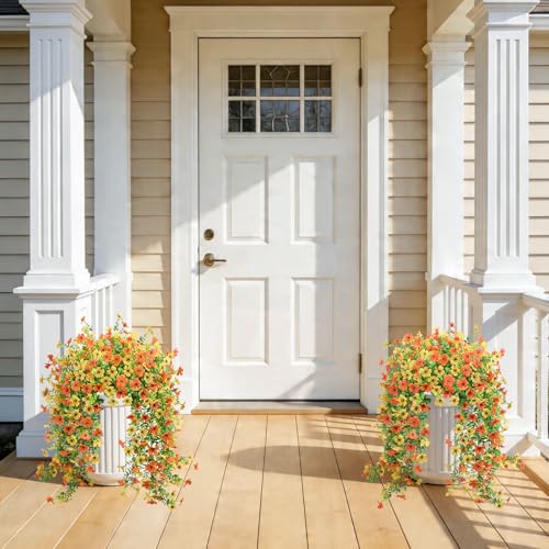 Fake Artificial Hanging Flowers for Outdoors, 2 Pcs Fake Hanging Plant Spring Summer Decor, UV Resistant No Fade Faux Silk Daisy Flower for Front Door Porch Planter Patio Yard Garden(Orange Yellow) - color: Orange, Yellow
