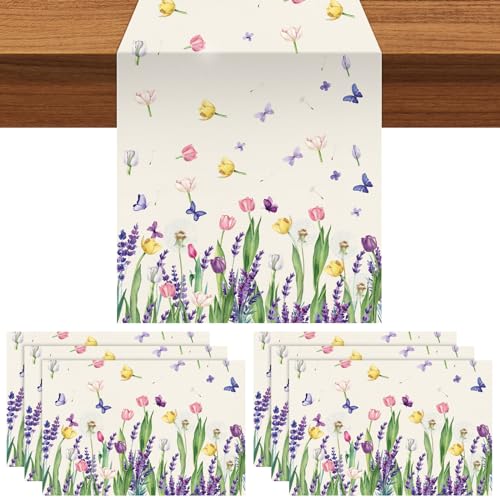 VitalCozy 7 Pcs Spring Table Runner and Placemats Tulip Table Runner Placemats Set 72 x 13 Inch Linen Farmhouse Rustic Floral Lavender Tulip Tablecloth for Spring Summer Party Decoration - style: Lavender, Tulip