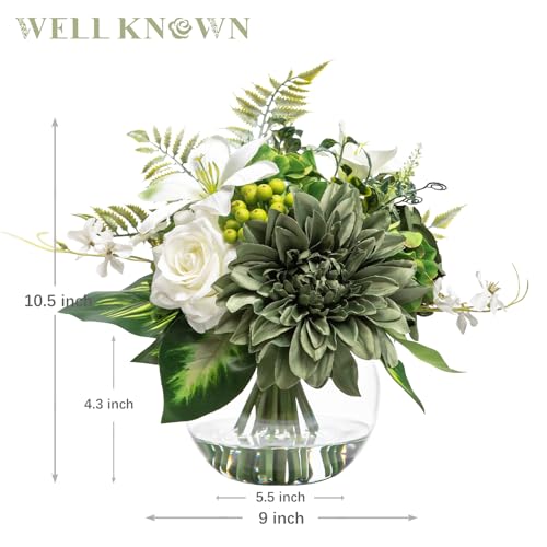 Artificial Flowers in Vase with Fake Water, Silk Rose Dahlia Lily Flowers Bouquet with Glass Vase for Home Birthday Party Wedding Dinning Table Office Hotel Decor Gift (Green & White Mixed) - color: Green & White Mixed