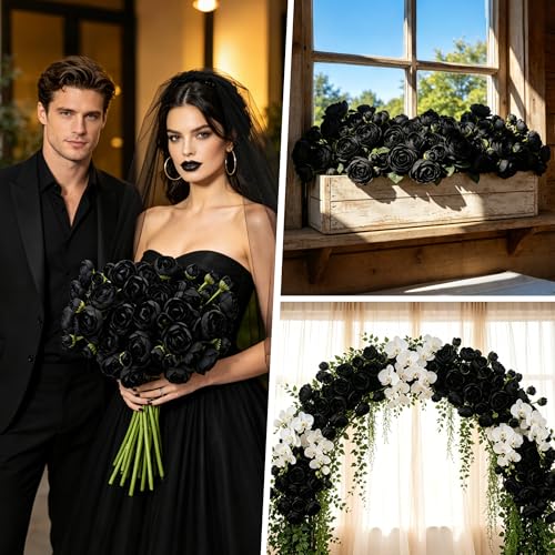 24 Stems Artificial Ranunculus Flowers, 96 Bloom Faux Silk Ranunculus Bouquet for Wedding Decorations, Home Décor, Holiday Arrangements & Large Event Centerpieces (Black) - color: Black